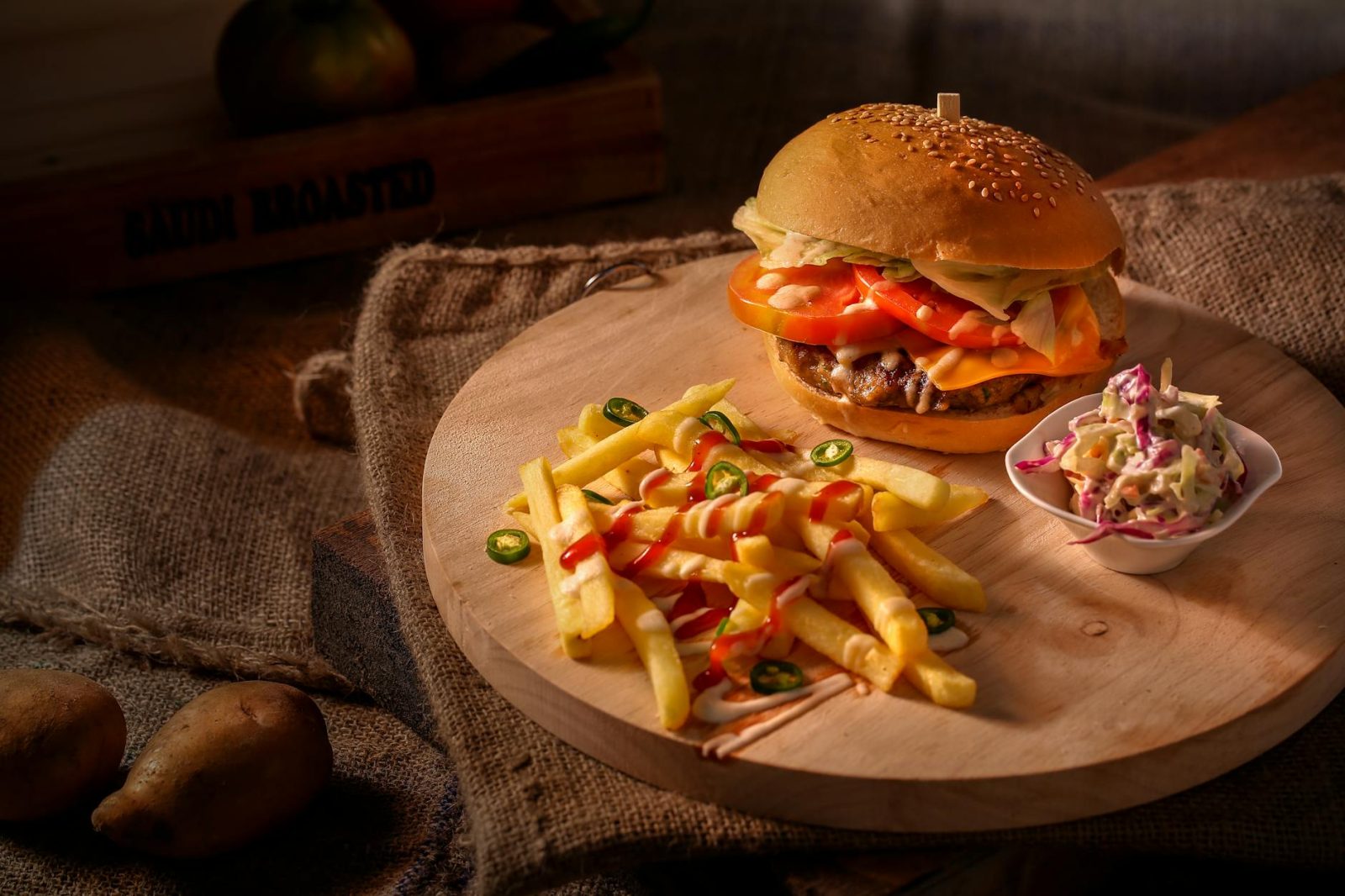 tomato burger and fried fries