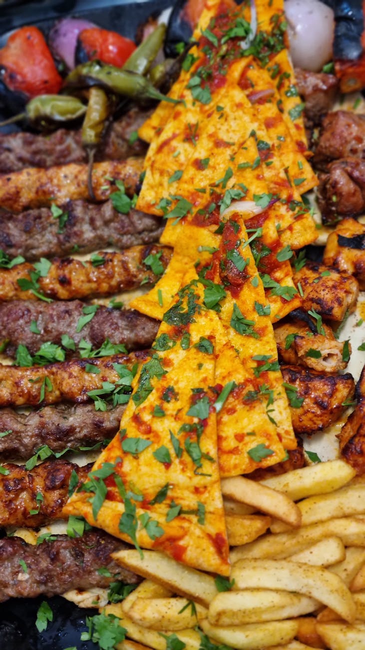 delicious assorted grilled kebab platter