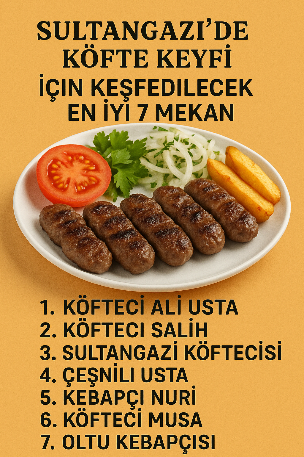 Sultangazi’de Köfte Keyfi – En iyi 7 köfteciyi gösteren kapak görseli. Tabakta ızgara köfte, domates, soğan ve patatesle sunulan köfte tabağı bulunuyor.